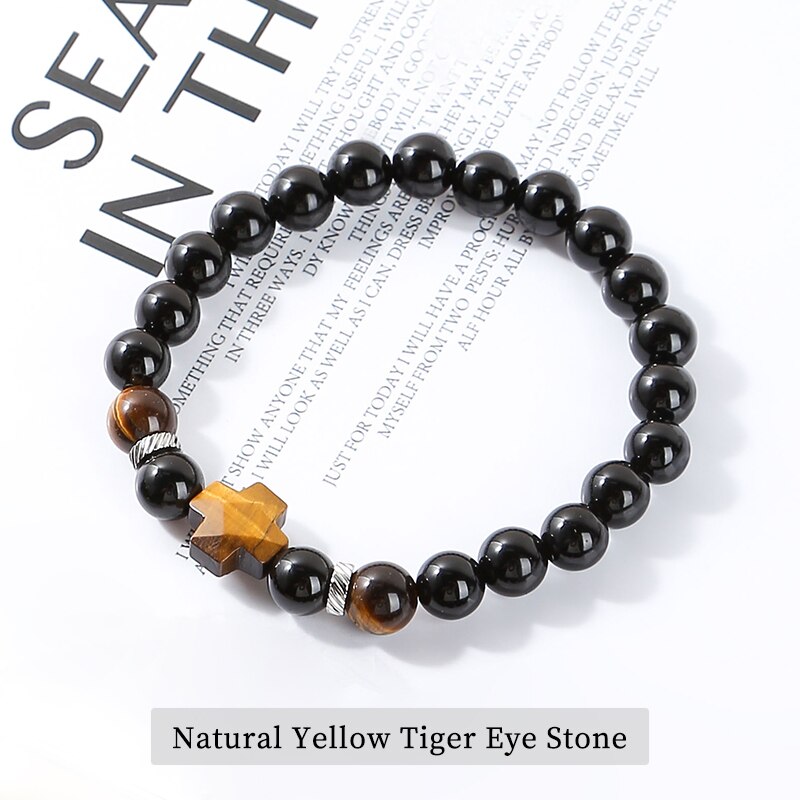 Change Better 8MM Natural Tiger Eye Faceted Stone Cross Bracelets Onyx Meditation Prayer Beaded Bracelet Women Men Yoga Wrist