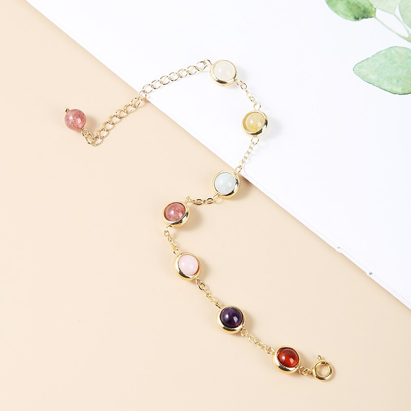 JD Natural Crystal Bead Chain Bracelets Women Elegant 6mm Round Colorful Bead Strawberry Quartz Amethyst Sweet Healing Bangles