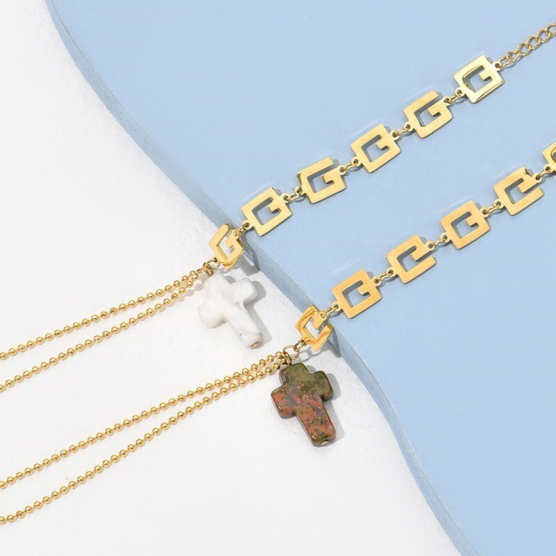 CHANGE BETTER Natural Stone Cross Shape Gold Color Bracelets For Women Small Pendant Charms Stainless Steel Chain Wrist Jewelry