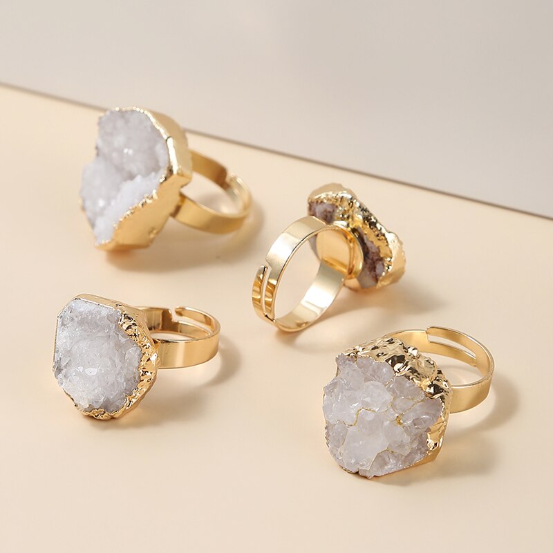 Change Better Irregular Natural White Quartz Cluster Gold Plating Rings Women Geometric Crystal Stone Adjustable Finger Ring