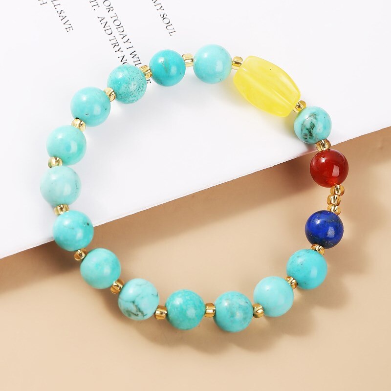 JD Blue Turquoise Amber Beads Bracelet For Women Fashion Colorful Elastic Round Stone Charm Crystal Jewelry Bangles Gifts