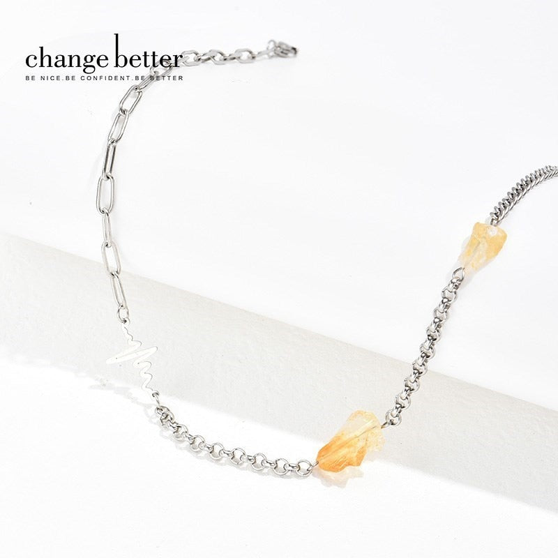 Change Better Natural Citrine Raw Stone Chain Necklace Women Fashion Cyrstal Bead Silver Color Stainless Steel Healing Choker