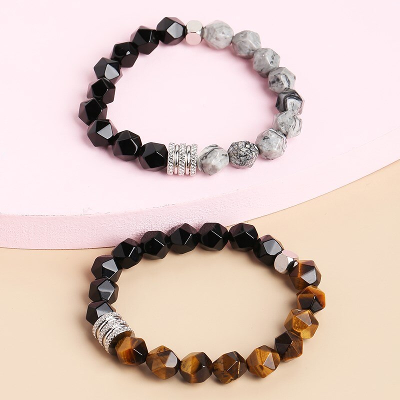 JD Classic Bracelet 10MM Faceted Black Agate Nature Charm High Quality Punk Rock Mens Bracelet Chain Jewelry Friendship Gifts