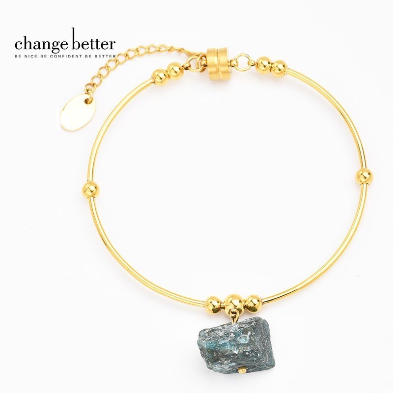 Change Better Natural Raw Stone Pendant Circle Bracelets Women Gold Plated Titanium Steel Charms Bangle Healing Jewelry Gifts