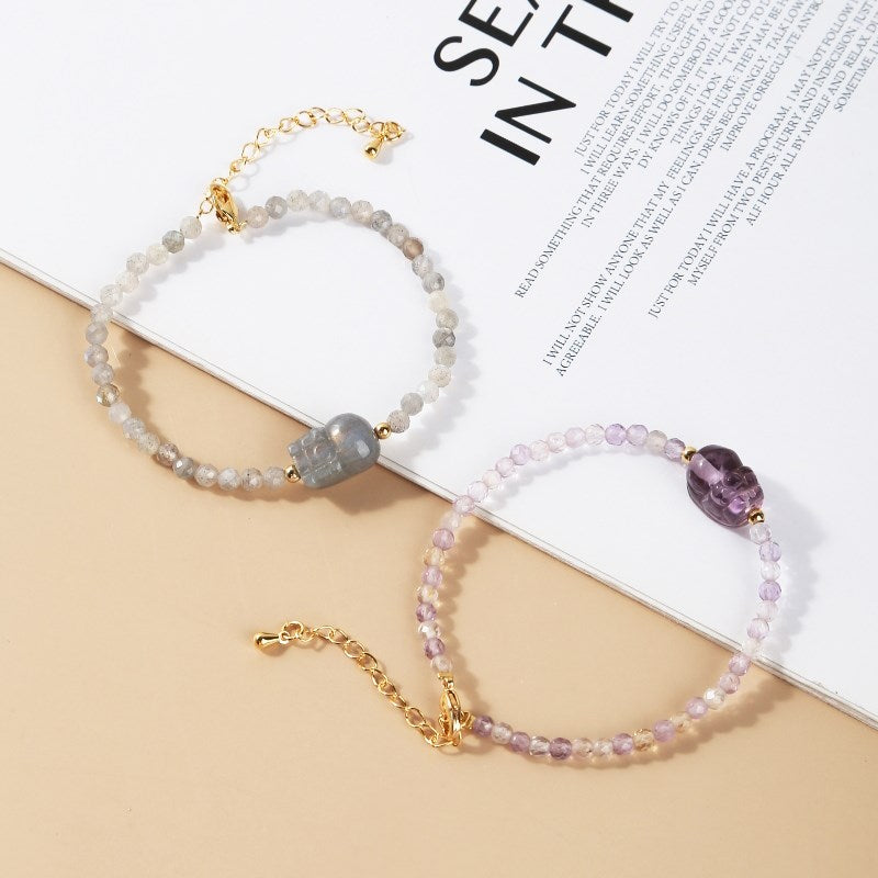 JD 3mm Thin Cute Beads Crystal Pixiu Bracelets Women Trendy Natural Pink Quartz Handmade Gold Color Chain Wrist Jewelry Gifts