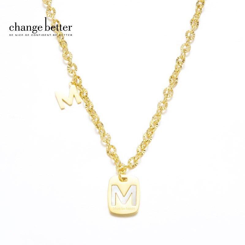 Change Better Natural Fritillaria Letter M Pendant Necklace Women Trendy Must Be Happy Gold Color Titanium Steel Choker Jewelry