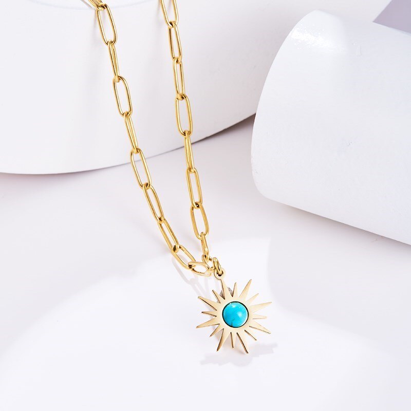 CHANGE BETTER Natural Green Turquoise Inlay Sun Flower Shape Pendant Necklace Women Gold Color Chain Choker Elegant Jewelry Gift