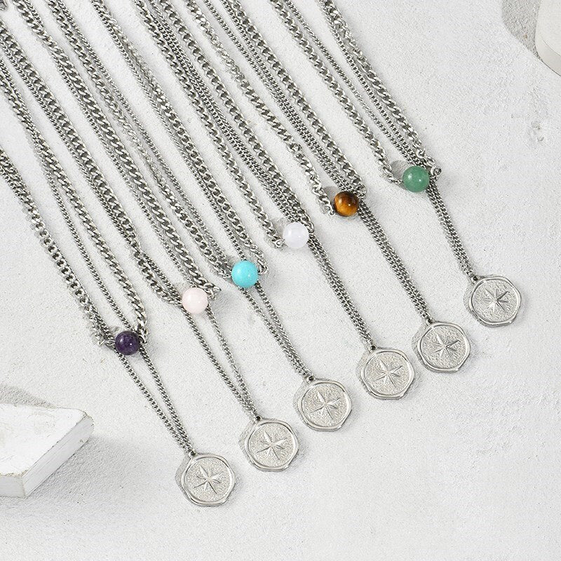 Change Better Titanium Steel Eight Awn Star Round Pendant Necklace Women Natural Amethysts Turquoise Bead Healing Choker Jewelry