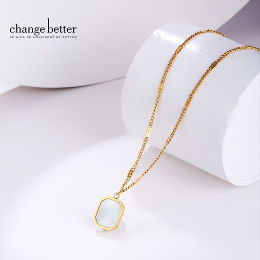 CHANGE BETTER Natural White Fritillaria Hexagon Pendant Necklace Women Elegant Shell Titanium Steel Chain Choker Girl Jewelry