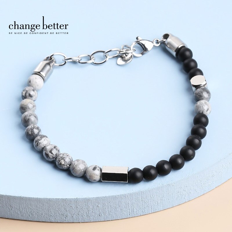 CHANGE BETTER 6mm Natural Map Stone Chain Round Beaded Bracelet Men Charm Stainless Steel Clasp Bangles Handmade Jewelry Gifts