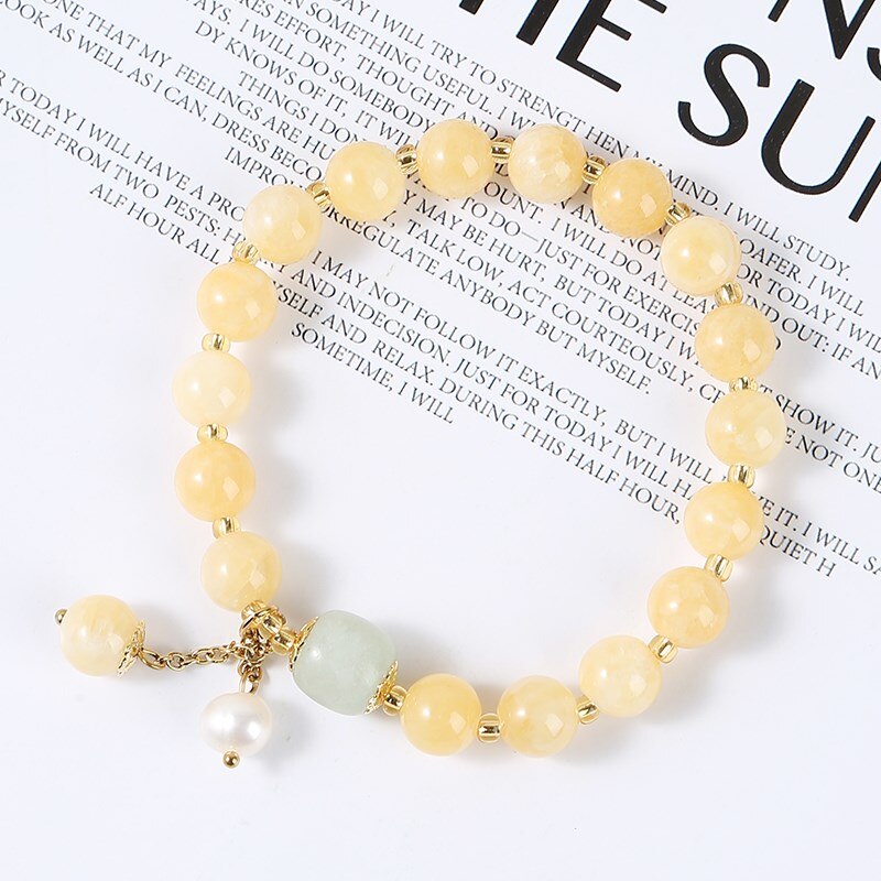 JD Elegant Natural Light Yellow Jade Pearl Pendant Bracelet For Women Korean Fashion Handmade Elastic Rope Charms Wrist Bangles