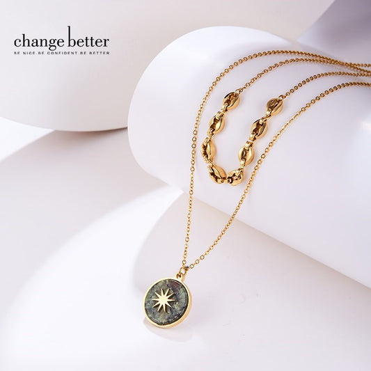 Change Better Natural Red Green Treasure Hexagram Inlay Round Pendant Necklace Women Bohe Double Layer Chain Choker Girl Jewelry