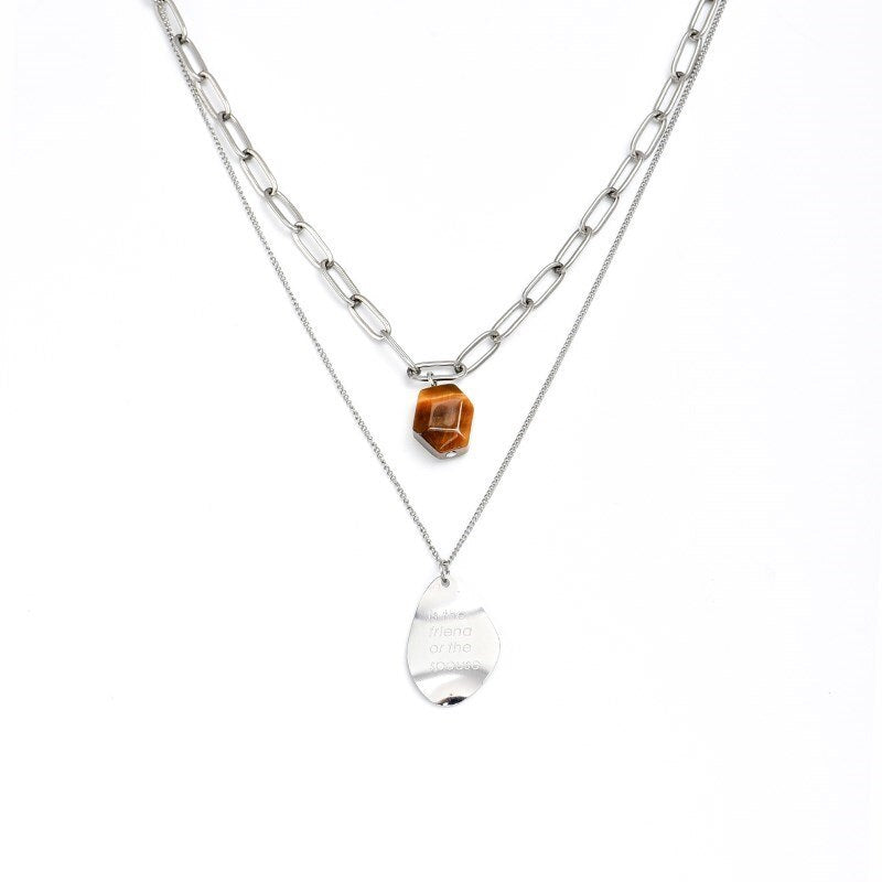 Change Better Hip Hop Stainless Steel Double-layer Clavicle Chain Pendant Necklace Women Natural Tiger Eye Stone Charms Jewelry