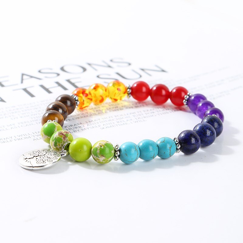 JD Natural Stone Bead Seven Chakra Bracelets Men Women Life of Tree Charms Yoga Energy Meditation Elastic Bangles Jewelry Gift