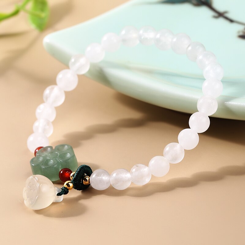 JD Natural White Jade Lotus Bracelet For Women Elegant Trendy Handmade Rope Round Beads Bangles Girls Lucky Charm Wristhand Gift