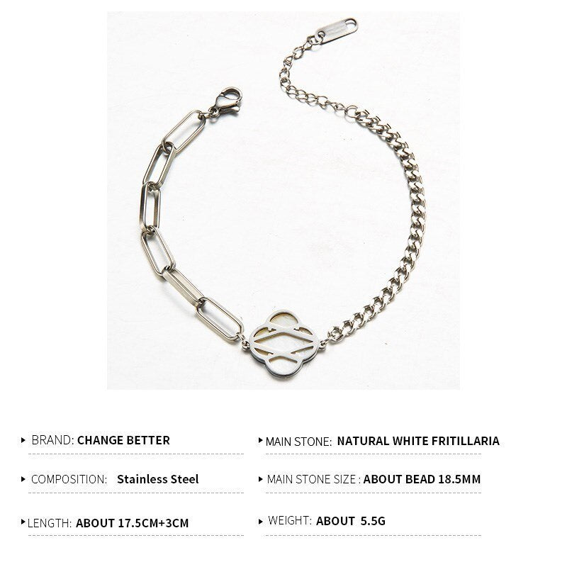 CHANGE BETTER Natural White Shell Four-leaf Clover Chain Bracelet Women Silver Color Stainless Steel Lucky Adjustable Bangles