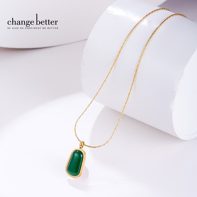 CHANGE BETTER Natural Green Agate Drop Shape Pendant Necklace Women  Stainless Steel Gold Color Clavicle Chain Choker Jewelry