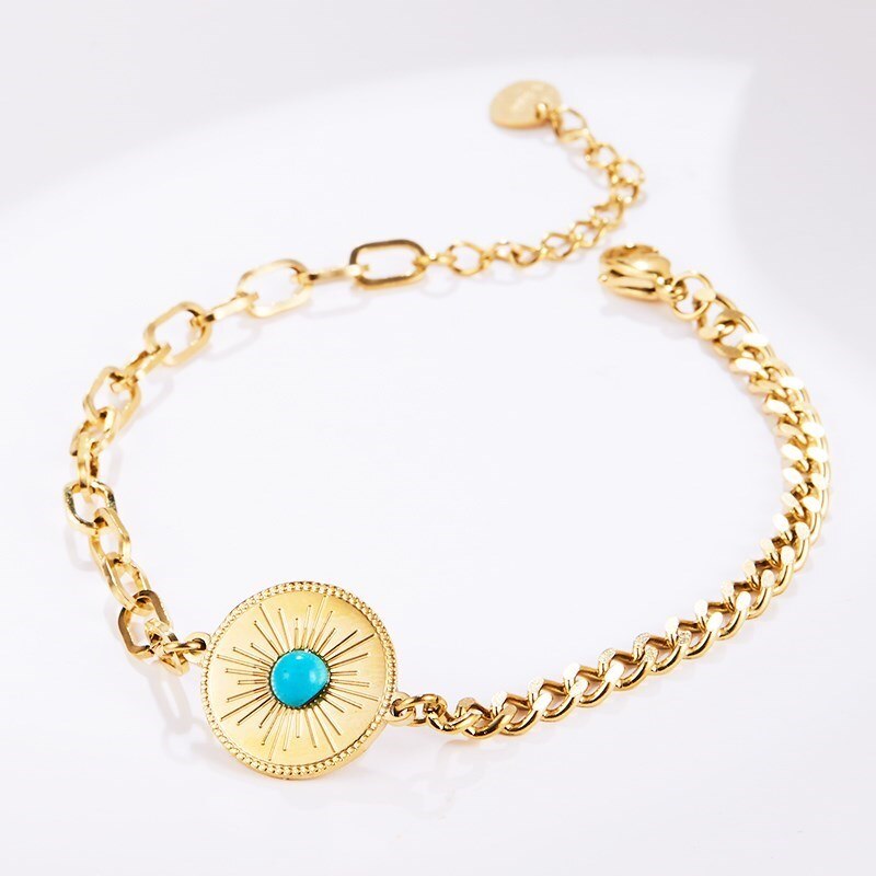 CHANGE BETTER Natural Blue Turquoise Inlay Stainless Steel Bracelets Women Fashion Gold Color Chain Thin Wristband Jewelry Gifts