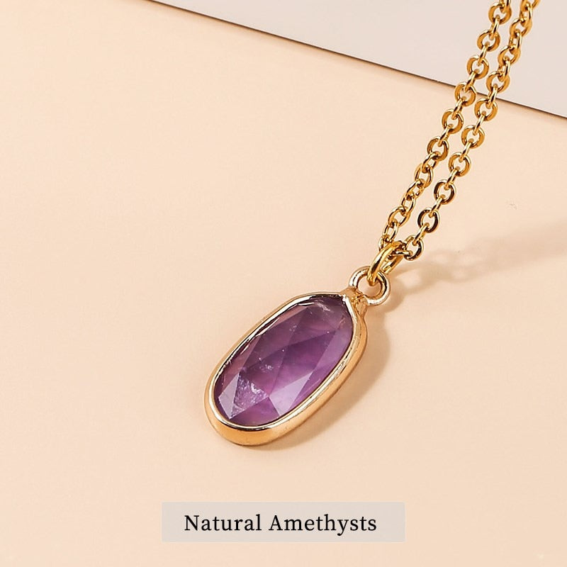 JD Natural Stone Pink Quartz Tiny Pendant Necklace Faceted Oval Shape Amethysts Stainless Steel Charm Healing Choker Girls Gift