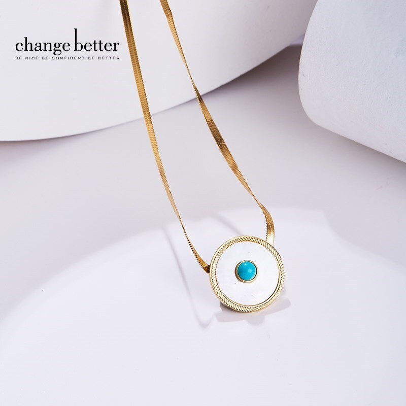 CHANGE BETTER Natural White Shell Turquoise Inlay Round Pendant Necklace Women Gold Plated Chain Choker Female Elegant Jewelry