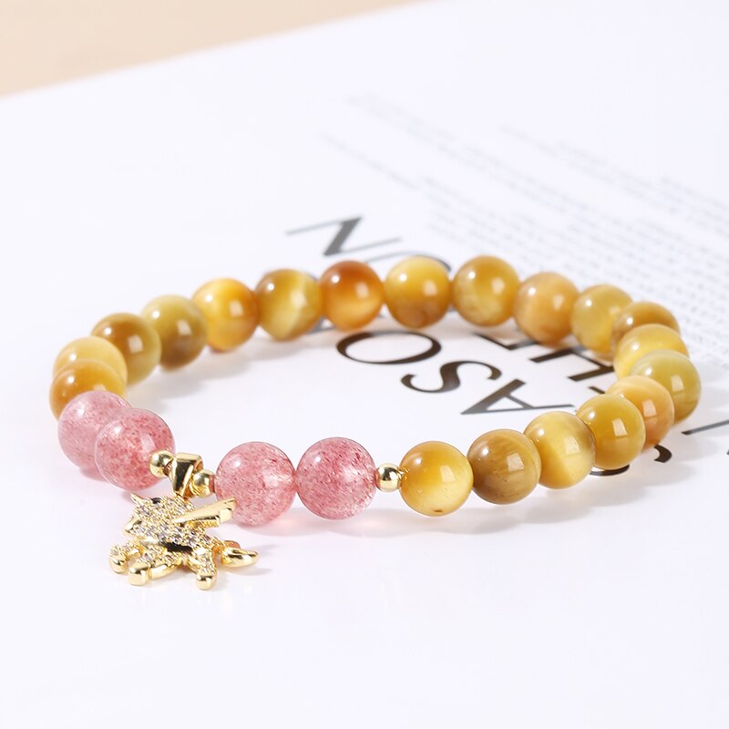 JD Natural Stone Strawberry Crystal Unicorn Pendant Bracelets Women Lovely Black Obsidian Elastic Wristband Jewelry Girls Gifts