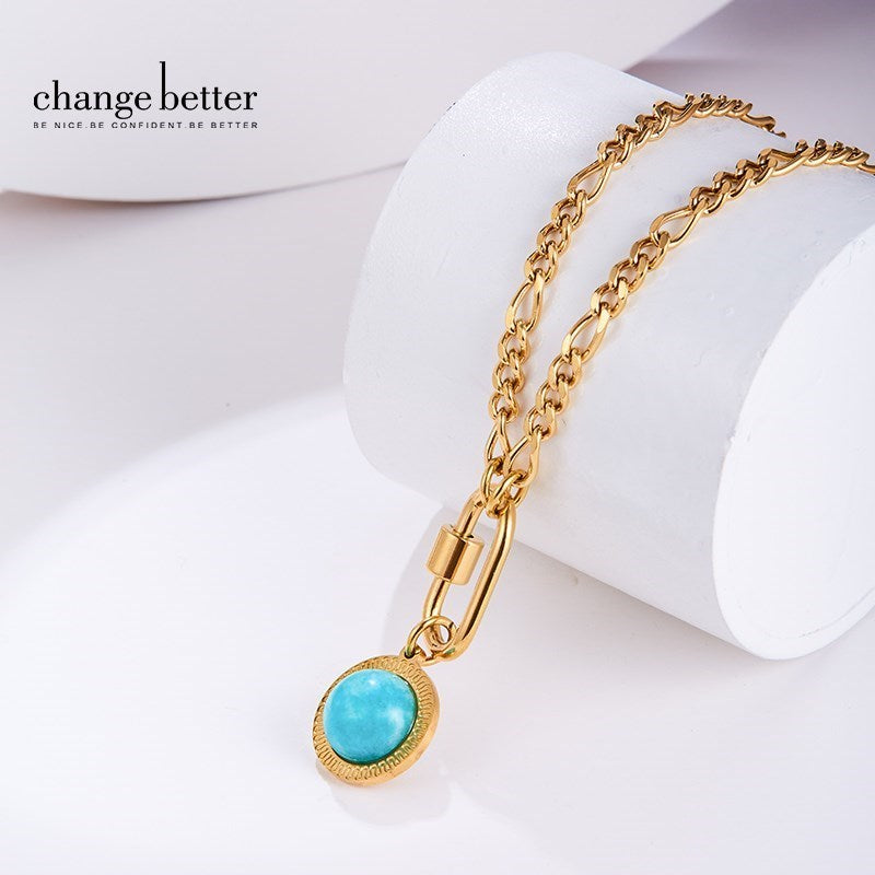 CHANGE BETTER Natural Turquoise Round Bead Pendant Choker Women Gold Color Stainless Steel Chain Stone Necklace Female Jewelry