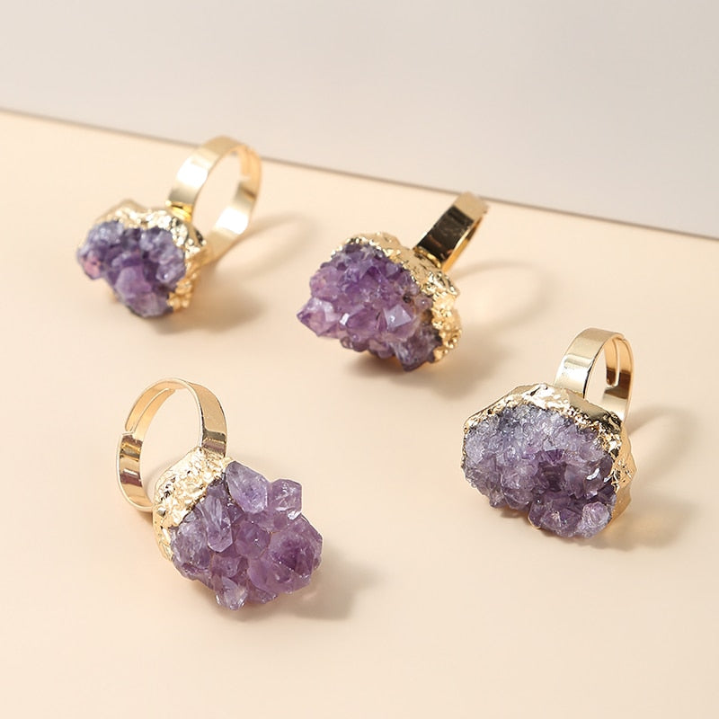 Change Better Irregular Natural Amethyst Cluster Rough Stone Gold Plating Open Rings Women Reiki Healing Adjustable Party Gifts