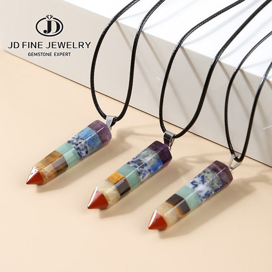 JD Natural Crystal Pendant Colourful Necklace Hexagonal Pendulum Seven Chakras Mineral Jewelry Healing Stone Souvenir Gift