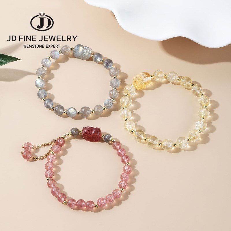 JD Natural Pink Strawberry Crystal Pixiu Bracelet Jewelry Bring Health Wealth Female Personality Design Quartz Beaded Bracelet