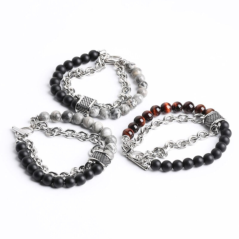 CHANGE BETTER Natural Tiger Eye Men's Beaded Bracelets Classic Stainless Steel Alloy Chain Health Energy Weight Loose Bangles