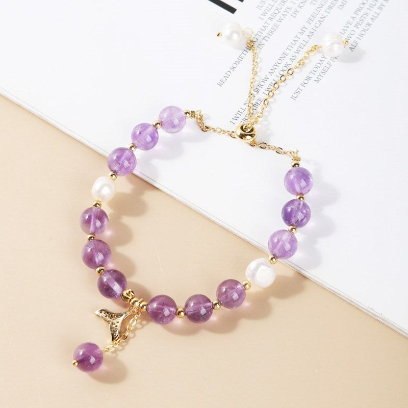 JD 8mm Natural Amethysts Bead Bracelet Women Elegant Mermaid Tail Charms Adjustable Rope Bangles Female Fashion Crystal Jewelry