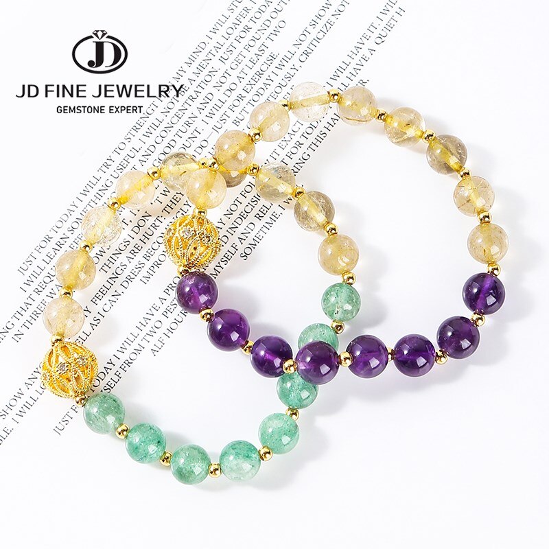 JD Natural Golden Rutilated Quartz Metal Ball Bracelets Women Strawberry Crystal Healing Wristband Girl Summer Energy Gift