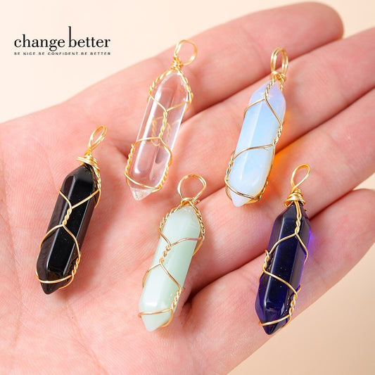 Change Better 5Pcs/lot Mixed Color Glass Hexagonal Wire Wrap Pendant Reiki Healing Charms For Jewelry Making Necklace Earring