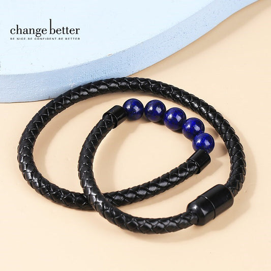 Change Better Layered Leather Bracelets For Men Braided Black Leather Bangles With Natural Lapis Lazuli Beads Casual Wristband