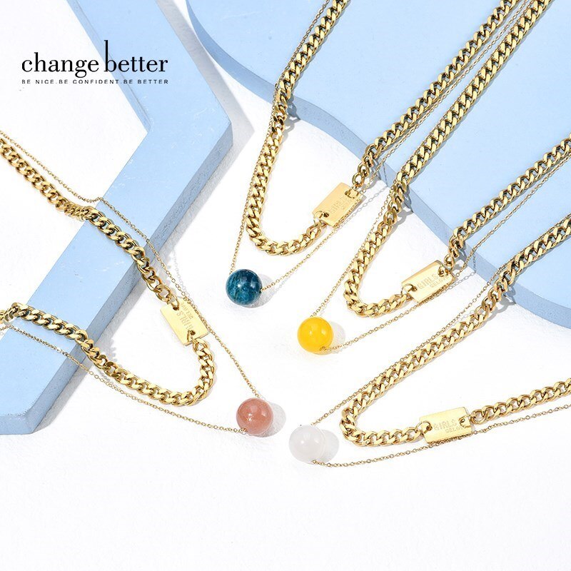 CHANGE BETTER Simple Natural Agate Bead Pendant Necklace For Women Hip Hop Gold Color Stainless Steel Double Chain Choker