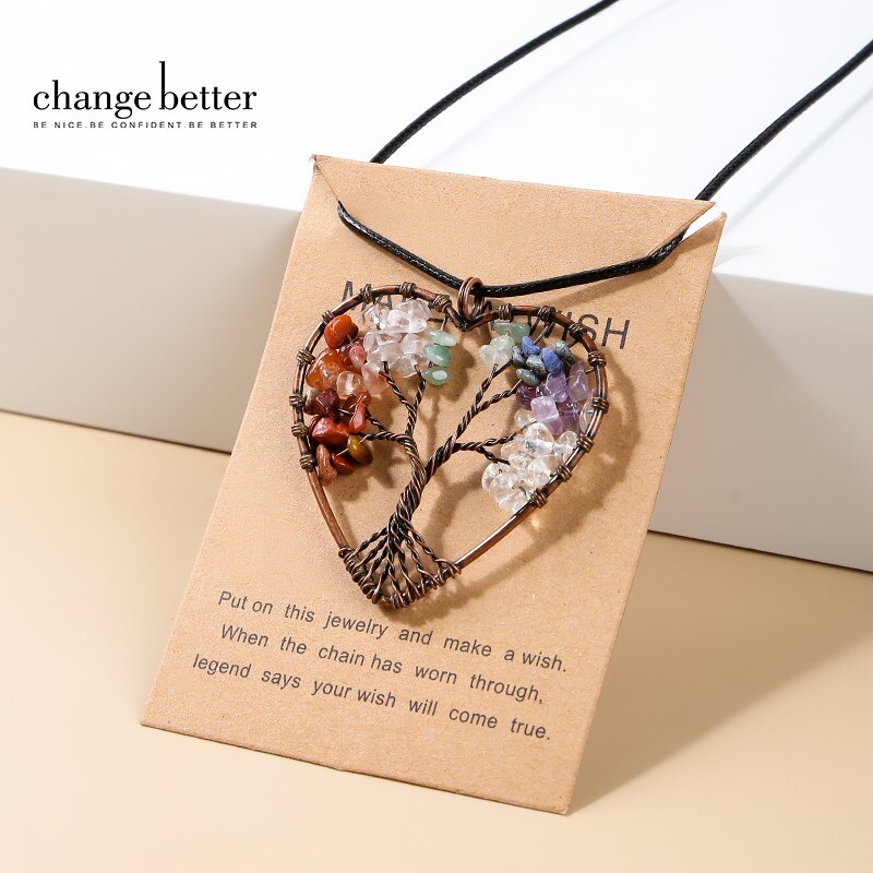 Change Better 7 Chakras Crystal Chip Beads Wrap Wisdom Tree Of Life Necklace Women Men Antique Copper Plated Heart Pendant Gifts