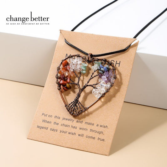 Change Better 7 Chakras Crystal Chip Beads Wrap Wisdom Tree Of Life Necklace Women Men Antique Copper Plated Heart Pendant Gifts