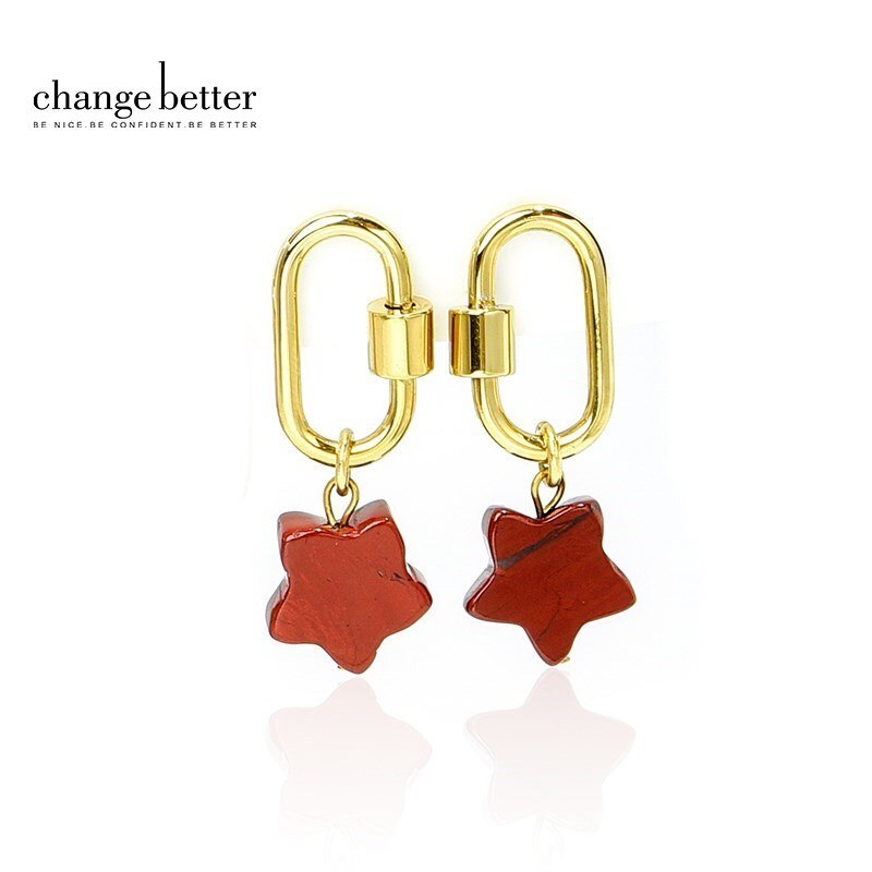 Change Better Natural Stone Aventurine Red Jasper Star Shape Drop Earrings Women Trendy Gold Color Stainless Steel Hoop Ear Stud