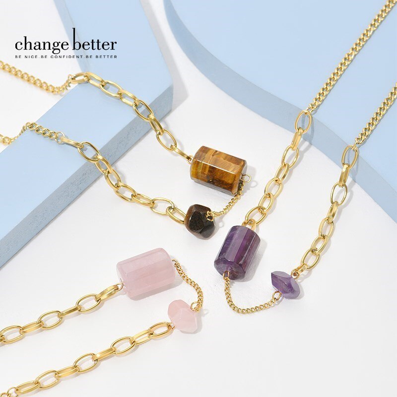 CHANGE BETTER Gold Color Stainless Steel Necklace Women Trendy Natural Stone Tiger Eye Amethyst Charm Chain Choker Jewelry Gifts