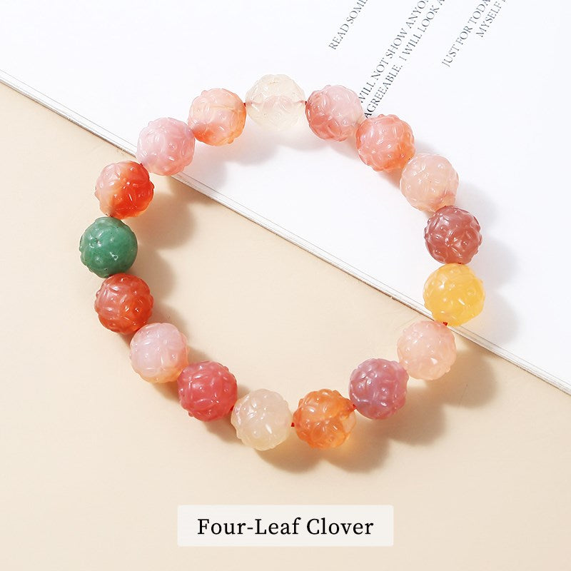 JD Natural Stone Yanyuan Agate Lotus Carved Beads Bracelet Women Lucky Four-Leaf Clover Crystal Healing Bangles Girls Jewelry