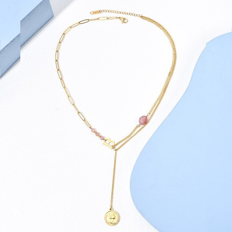 Change Better Natural Strawberry Crystal Gold Color Stainless Steel Pendant Necklace Women Double Layer Reiki Healing Choker