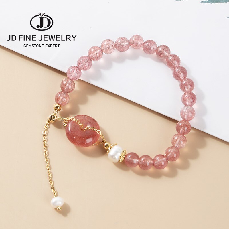 JD Natural Strawberry Quartz Beaded Bracelet Women Sweet Peace Buckle Pearl Charm Handmade Bangles Female Cute Wristband Jewelry