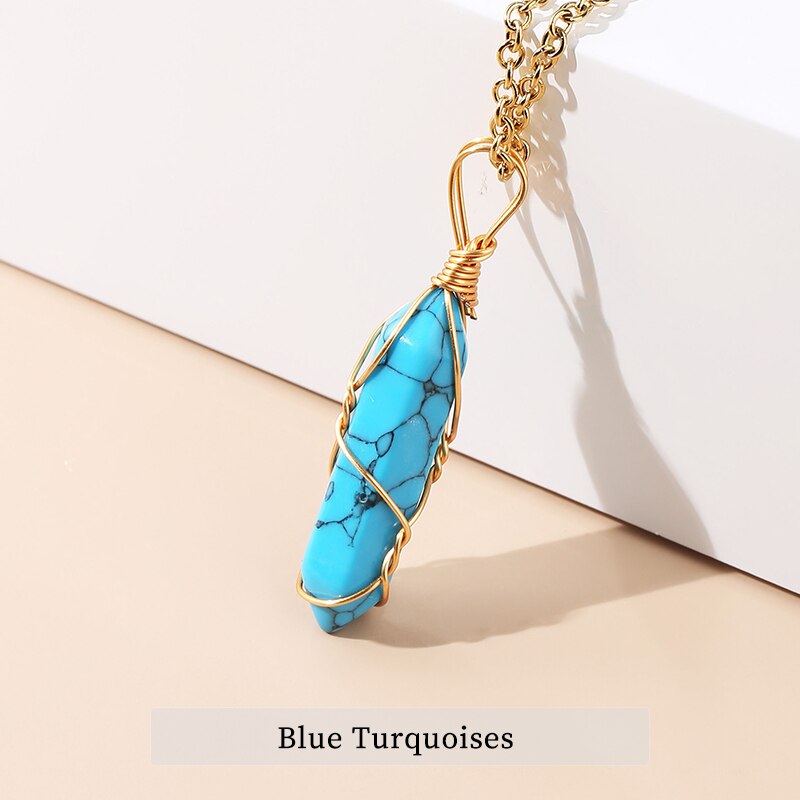 JD 13 Colors Hexagonal Cylindrical Crystal Necklace Natural Stone Pendant Wire Wrap Stone Necklace for Women Men Fashion Jewelry