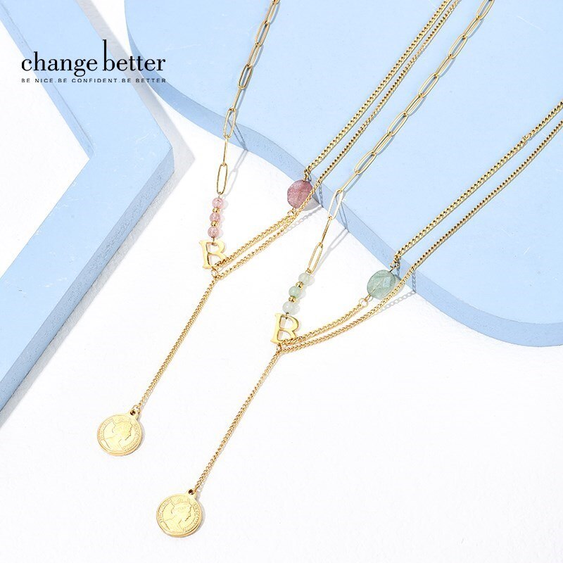 Change Better Natural Strawberry Crystal Gold Color Stainless Steel Pendant Necklace Women Double Layer Reiki Healing Choker