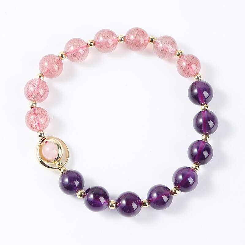 JD Natural Amethysts Strawberry Quartz Women Bracelets Gold Color Round Beads Crystal Bangles Female Fashion Jewelry Gifts