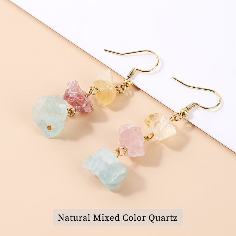 Change Better Natural Raw Stone Pink Quartz Amethyst Dangle Earring Women Rough Citrines Charm Necklace Girls Chain Jewelry Set