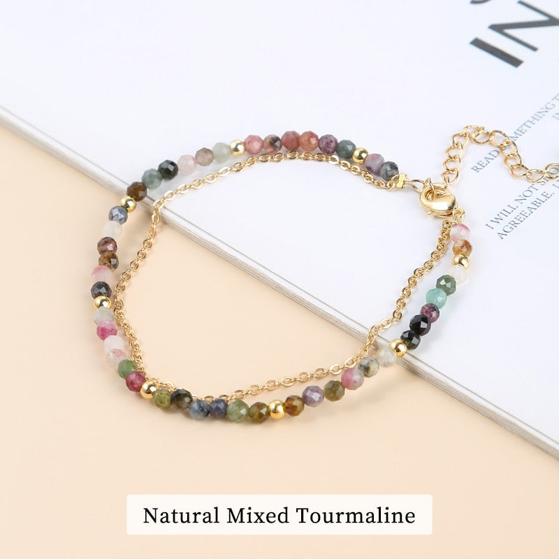 JD 3mm Natural Faceted Rhodochrosite Agate Double Layer Bracelet Women Gold Color Chain Semi-Precious Jewelry Thin Bangles Gifts