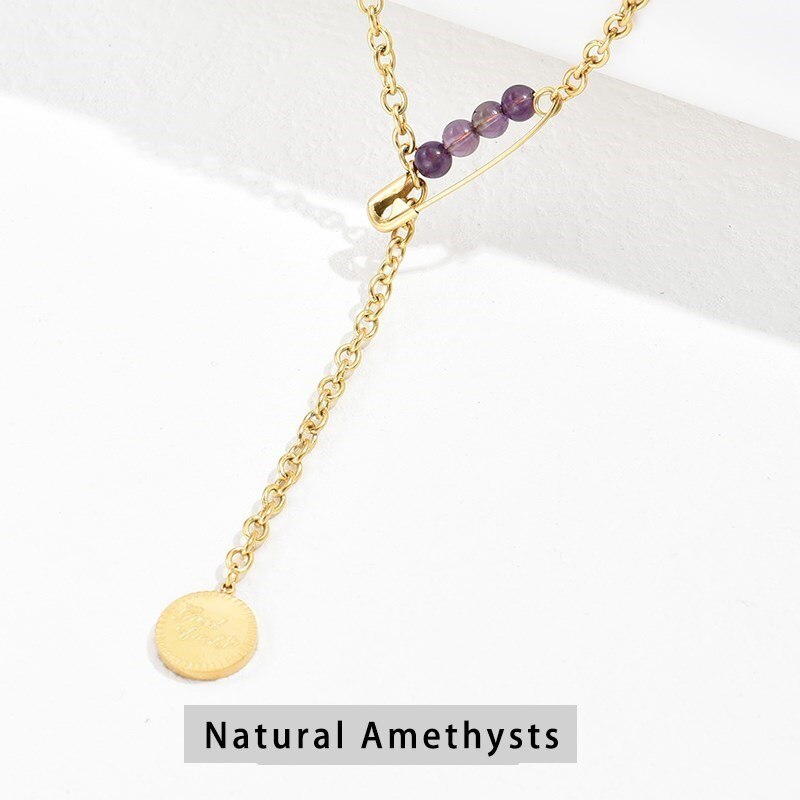 CHANGE BETTER Paper Clip Pin Small Agate Amethyst Bead Pendant Necklace Women Simple Charms Clavicle Chain Choker Jewelry Gift