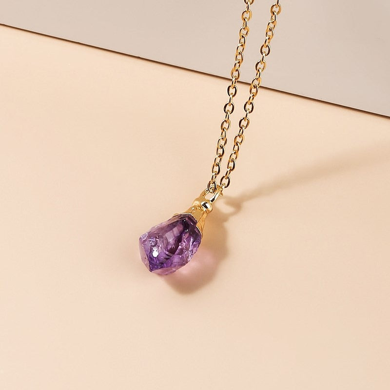 JD Alloy Purple Color Natural Amethyst Stone Chain Necklace Rhinestone Quartz Pendant Charms Necklaces Collar