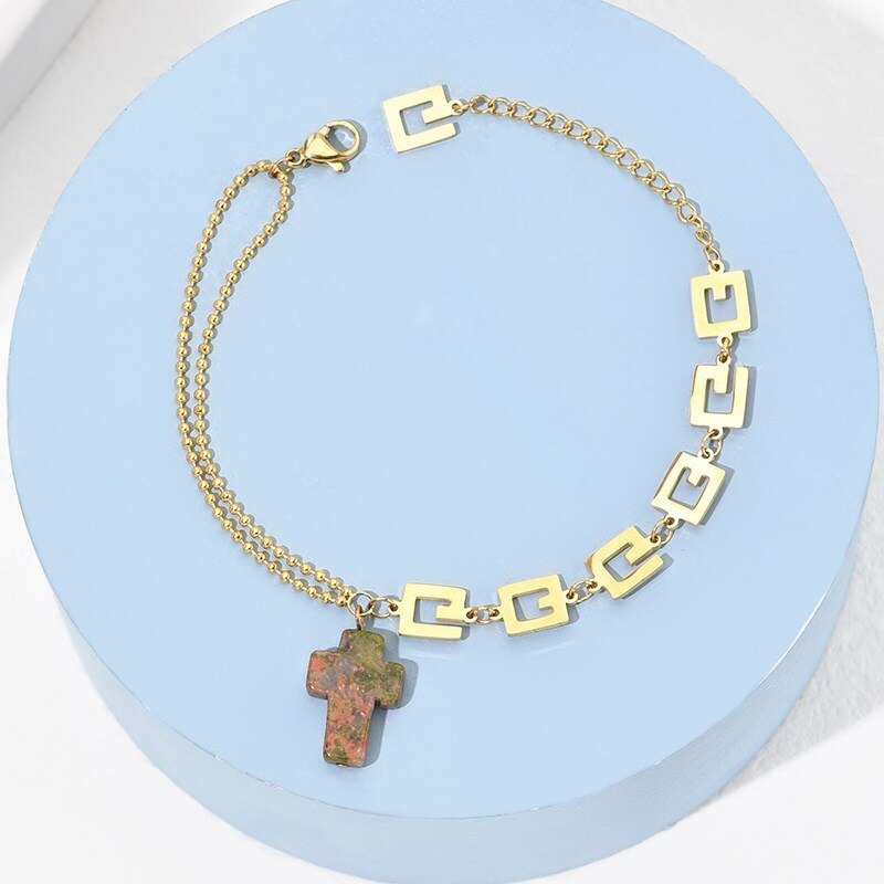 CHANGE BETTER Natural Stone Cross Shape Gold Color Bracelets For Women Small Pendant Charms Stainless Steel Chain Wrist Jewelry